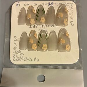 Gray Press-On Nails with Yellow Floral Design